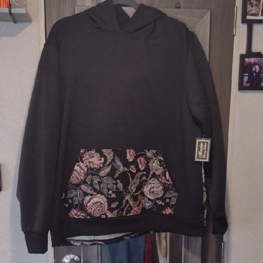 Elegant Black Hoodie with Floral Accent